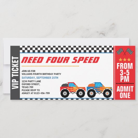 Vier snelheid Monster Truck Race Ticket nodig Kaart (Voorkant)