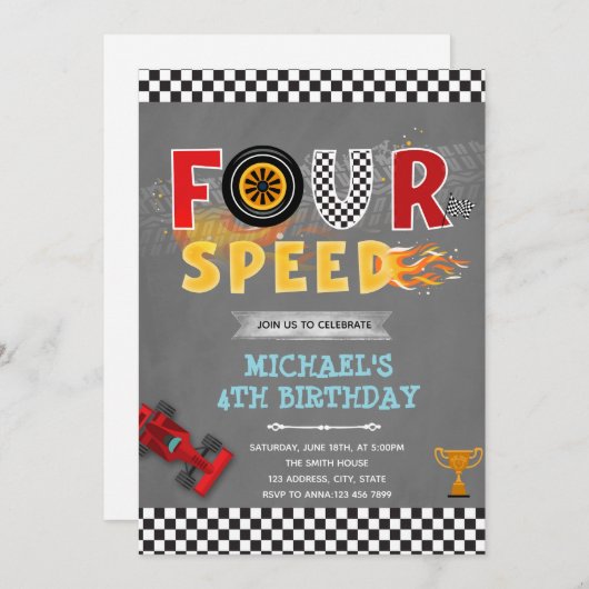 VIER snelheid verjaardagsfeestje uitnodiging (Voorkant / Achterkant)