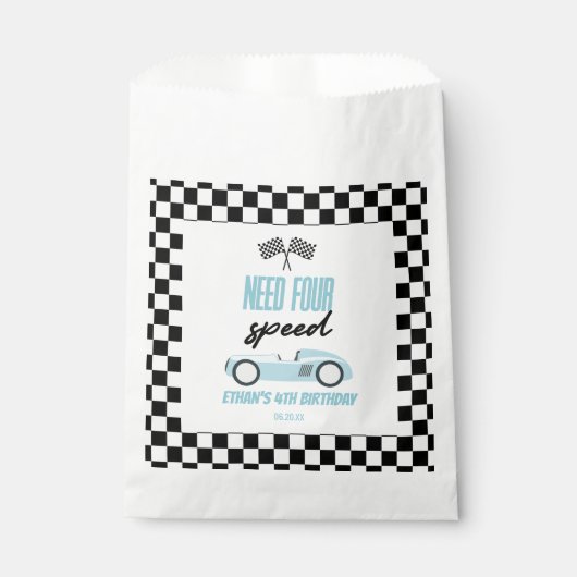 Vier snelheids-blauwe-rantsoenauto's van vierde ve bedankzakje (Voorkant)