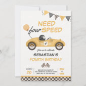 Vier snelheids Gele Race Car 4e verjaardag Kaart (Voorkant)