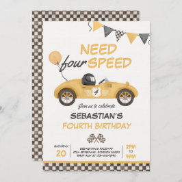 Vier snelheids Gele Race Car 4e verjaardag Kaart