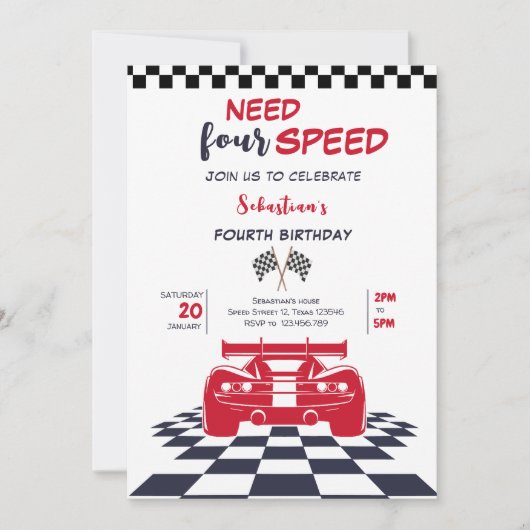 Vier snelheids raceauto vierde verjaardag van kind kaart (Voorkant)