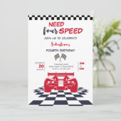 Vier snelheids raceauto vierde verjaardag van kind kaart (Staand voorkant)