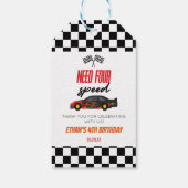 Vier snelheids-rode-raderauto's van vierde verjaar cadeaulabel (Achterkant)