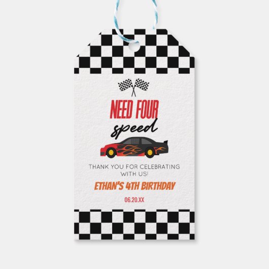 Vier snelheids-rode-raderauto's van vierde verjaar cadeaulabel (Achterkant)