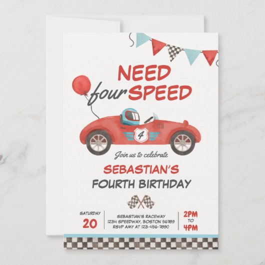 Vier snelheids-rode-raderauto's van vierde verjaar kaart (Voorkant)