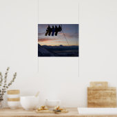 Vier snowboarders zijn gesilhoueteerd op een skili poster (Keuken)