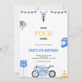 Vier Speed Blauw En Geel Verjaardagsfeestje Nodig  Kaart