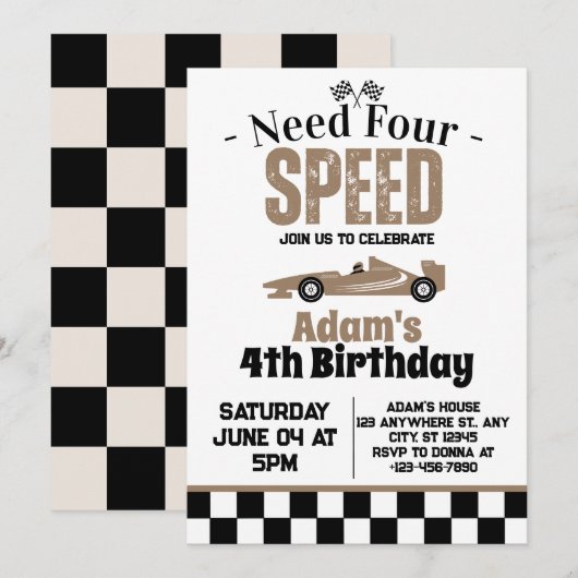 Vier Speed Boy 4e Verjaardagsfeestje nodig Kaart (Voorkant / Achterkant)