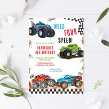 Vier Speed Monster Truck Jongen 4de Verjaardag