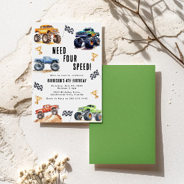 Vier Speed Monster Trucks 4de verjaardagsfeestje n Kaart