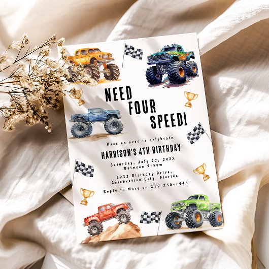 Vier Speed Monster Trucks 4e verjaardagsfeestje Kaart