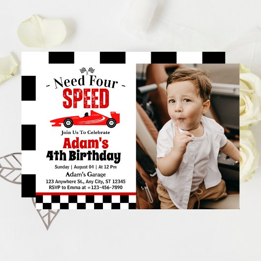 Vier Speed Race Auto Jongen 4e Verjaardagsfeestje  Kaart