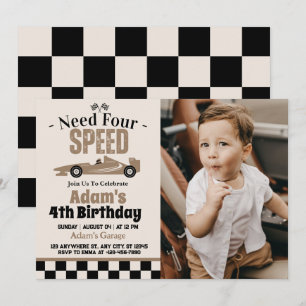 Vier Speed Race Car Jongen 4e Verjaardagsfeestje  Kaart