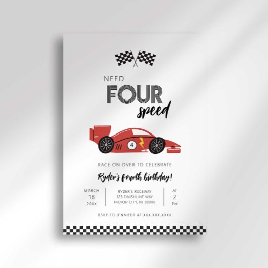 Vier Speed Race Car Verjaardagsuitnodiging Kaart