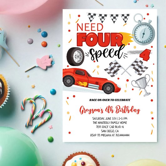 Vier Speed Racing Auto Rood 4e Jongens Verjaardag Kaart