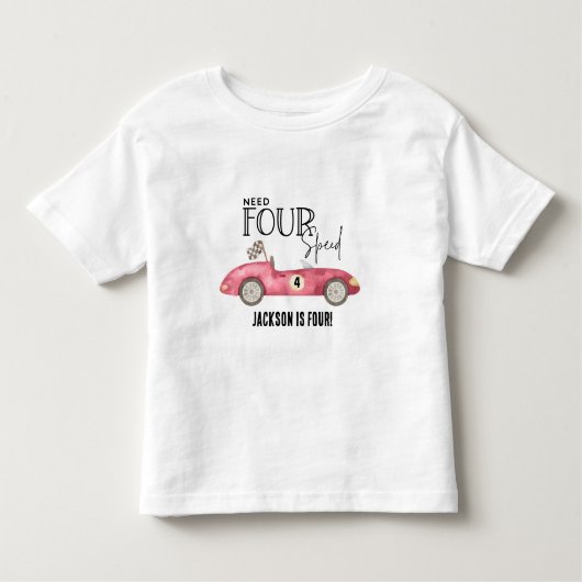 Vier Speed Red Race-auto nodig voor vierde verjaar Kinder Shirts (Voorkant)