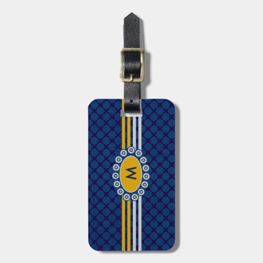 Vier Stripes Monogram Blue en Gold ID207 Bagagelabel (Voorkant verticaal)