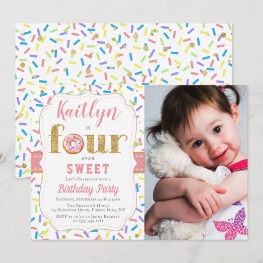 VIER Sweet Donut Girls 4e verjaardag uitnodiging (Voorkant / Achterkant)