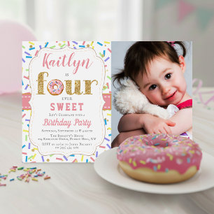 VIER Sweet Donut Girls 4e verjaardag uitnodiging