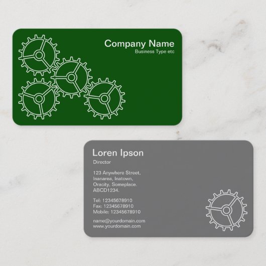 Vier tandwielen II - wit op donkergroen - grijs te Visitekaartje (Voorkant / Achterkant)