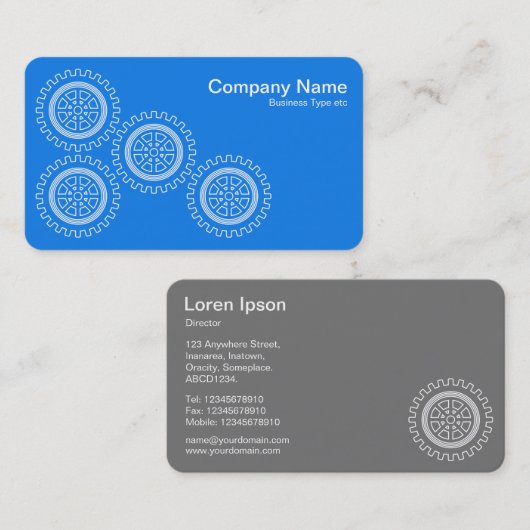 Vier tandwielen - wit op blauw - grijs terug visitekaartje (Voorkant / Achterkant)