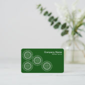 Vier tandwielen - wit op donkergroen - grijs terug visitekaartje (Staand voorkant)