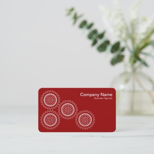 Vier tandwielen - wit op Ruby Red - grijs terug Visitekaartje (Staand voorkant)