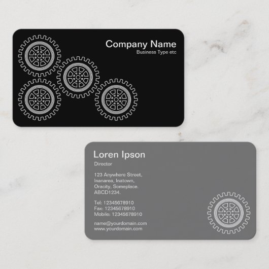 Vier tandwielen - wit op zwart - grijs terug visitekaartje (Voorkant / Achterkant)