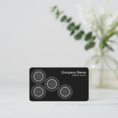 Vier tandwielen - wit op zwart - grijs terug visitekaartje (Staand voorkant)