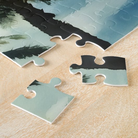 Vier tropische palmbomen in Sunset Sky Waterverf Legpuzzel (Zijkant)