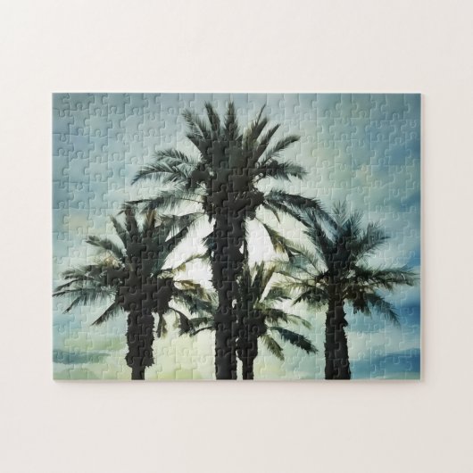 Vier tropische palmbomen in Sunset Sky Waterverf Legpuzzel (Horizontaal)