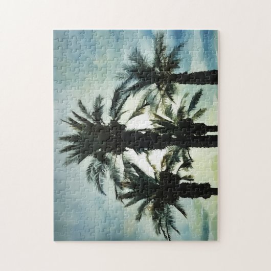 Vier tropische palmbomen in Sunset Sky Waterverf Legpuzzel (Verticaal)