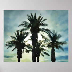 Vier tropische palmbomen in Sunset Sky Waterverf Poster