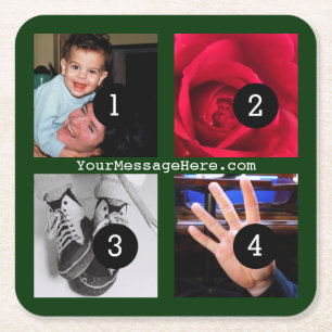 Vier van je foto's en tekst om je eigen gemak te m kartonnen onderzetters