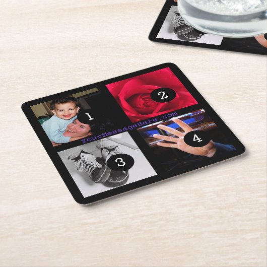 Vier van uw foto's en tekst maken uw eigen zwart kartonnen onderzetters (Schuin)
