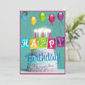 Vier verjaardagstaart kaarsen en ballonnen feestdagenkaart (Staand voorkant)