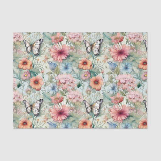 Vier Vlinders op Bloemen Patroon Decoupage Tissuepapier (Voorkant)