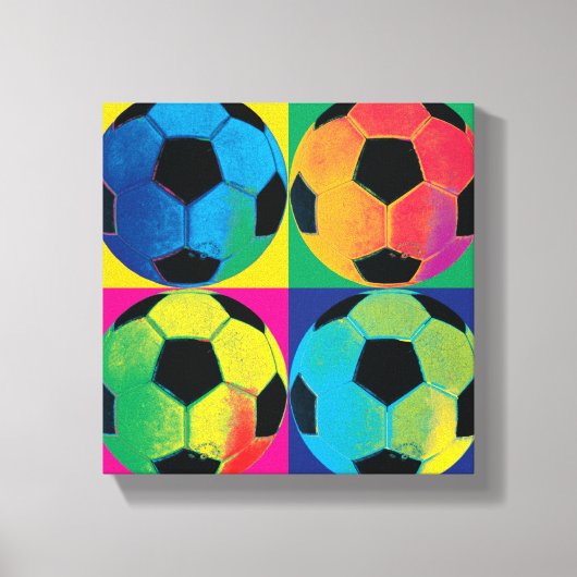 Vier Voetballen in verschillende kleuren Canvas Afdruk (Voorkant)