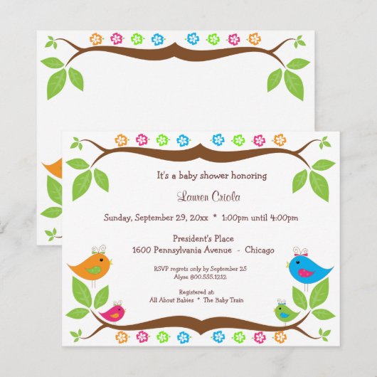 Vier vogelsoorten — Uitnodiging tot Baby shower (Voorkant / Achterkant)