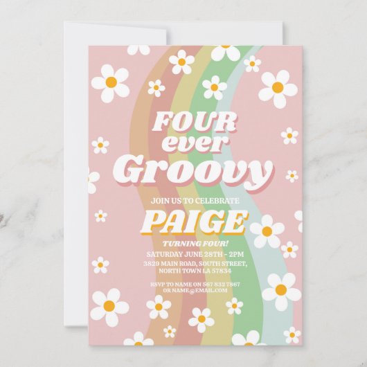 VIER voor altijd Groovy 4de Verjaardag Roze Meisje Kaart (Voorkant)