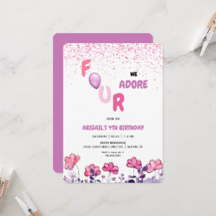 Vier waar we van houden Glitter 4de Roze Verjaarda Kaart
