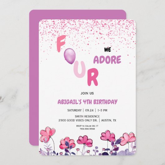 Vier We aanbidden Glitter 4e roze verjaardagsfeest Kaart (Voorkant / Achterkant)