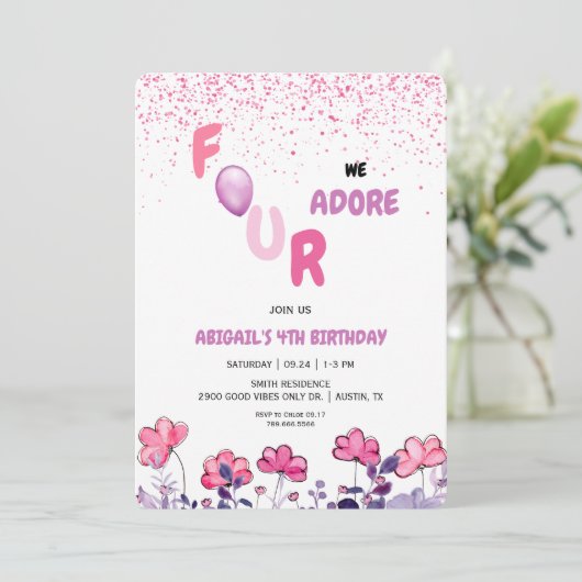 Vier We aanbidden Glitter 4e roze verjaardagsfeest Kaart (Staand voorkant)