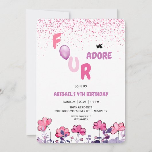 Vier We aanbidden Glitter 4e roze verjaardagsfeest Kaart (Voorkant)