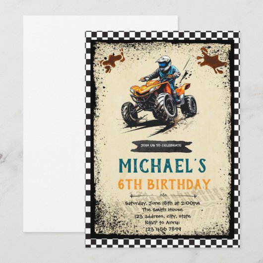 Vier wieler verjaardagsuitnodiging kaart (Voorkant / Achterkant)