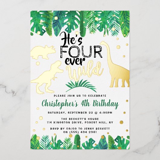 Vier Wild Dinosaur Boys 4th Birthday Real Folie Uitnodiging (Voorkant)