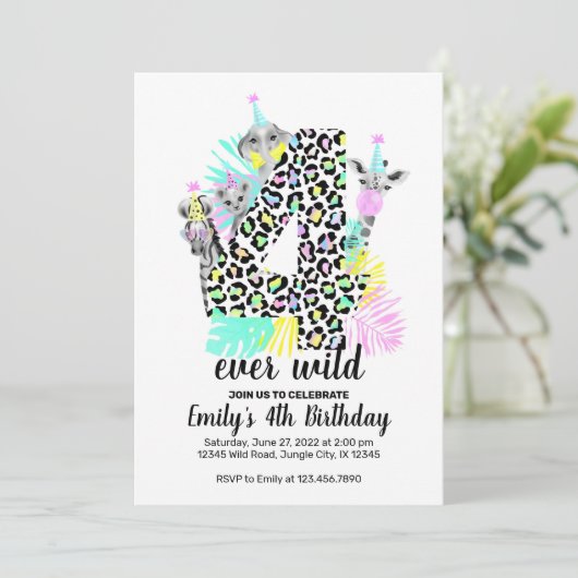 Vier wilde 4e Wild Birthday-uitnodiging ooit Kaart (Staand voorkant)