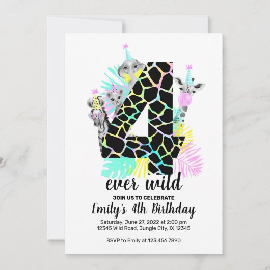 Vier wilde 4e Wild Birthday-uitnodiging ooit Kaart (Voorkant)