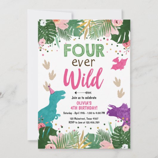 Vier Wilde Dino Meisje Roze Dinosaurus Verjaardag Kaart (Voorkant)